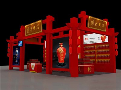 72平米展臺設計制作：三面開口/中式/木質(zhì)結(jié)構(gòu)/紅色，為糖酒展展商而作（免費使用）
