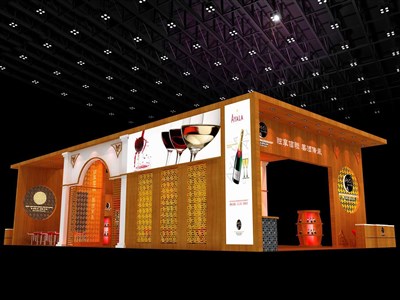 200平米展臺設(shè)計制作：四面開口/中式/木質(zhì)結(jié)構(gòu)/黃色，為糖酒展展商而作（免費使用）