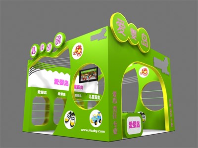36平米展臺設計制作：三面開口/現(xiàn)代/木質結構/綠色，為嬰幼展展商而作（免費使用）