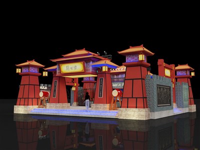 187.5平米展臺(tái)設(shè)計(jì)制作：三面開口/中式/木質(zhì)結(jié)構(gòu)/紅色，為糖酒展展商而作（免費(fèi)使用）