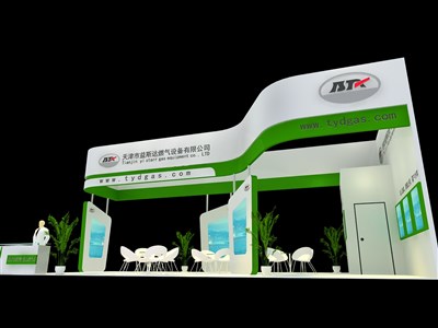 72平米展臺設(shè)計制作：三面開口/現(xiàn)代/木質(zhì)結(jié)構(gòu)/綠色，為化工展展商而作（免費使用）