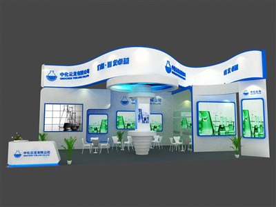 72平米展臺設(shè)計制作：二面開口/現(xiàn)代/型材結(jié)構(gòu)/藍色，為化工展展商而作（免費使用）