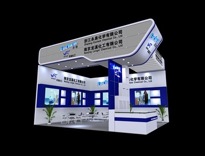 42平米展臺設(shè)計制作：二面開口/現(xiàn)代/木質(zhì)結(jié)構(gòu)/藍色，為化工展展商而作（免費使用）