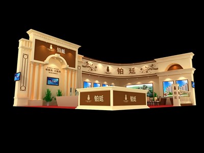 84平米展臺(tái)設(shè)計(jì)制作：二面開口/歐式/木質(zhì)結(jié)構(gòu)/米色，為房產(chǎn)展展商而作（免費(fèi)使用）