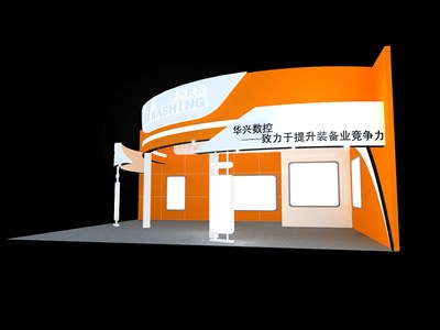 120平米展臺(tái)設(shè)計(jì)制作：二面開口/現(xiàn)代/型材結(jié)構(gòu)/橙色，為電子展展商而作（免費(fèi)使用）