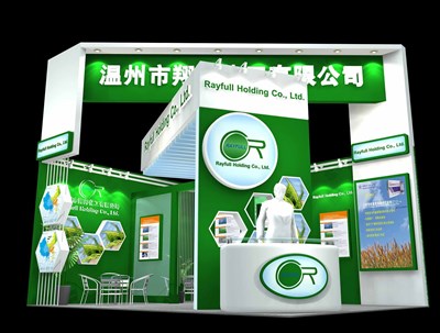 27平米展臺(tái)設(shè)計(jì)制作：二面開(kāi)口/現(xiàn)代/木質(zhì)結(jié)構(gòu)/綠色，為化工展展商而作（免費(fèi)使用）