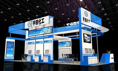 72平米展臺設(shè)計制作：四面開口/現(xiàn)代/木質(zhì)結(jié)構(gòu)/藍色，為化工展展商而作（免費使用）
