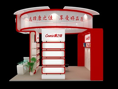 36平米展臺設(shè)計制作：三面開口/現(xiàn)代/木質(zhì)結(jié)構(gòu)/紅色，為綜合展展商而作（免費使用）