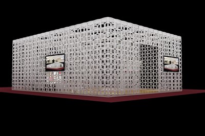 192平米展臺設(shè)計(jì)制作：一面開口/前衛(wèi)/型材結(jié)構(gòu)/白色，為家具展展商而作（免費(fèi)使用）