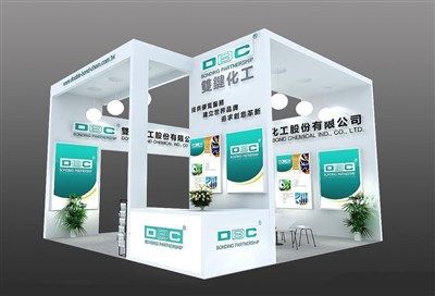 36平米展臺設計制作：三面開口/現(xiàn)代/木質結構/白色，為化工展展商而作（免費使用）