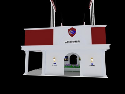 120平米展臺設(shè)計制作：三面開口/現(xiàn)代/木質(zhì)結(jié)構(gòu)/紅色，為房產(chǎn)展展商而作（免費使用）