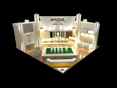64平米展臺設(shè)計制作：二面開口/現(xiàn)代/木質(zhì)結(jié)構(gòu)/白色，為房產(chǎn)展展商而作（免費使用）
