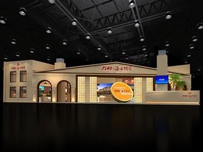 360平米展臺設(shè)計制作：一面開口/中式/木質(zhì)結(jié)構(gòu)/黃色，為房產(chǎn)展展商而作（免費(fèi)使用）