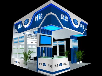 64平米展臺設(shè)計制作：三面開口/現(xiàn)代/木質(zhì)結(jié)構(gòu)/藍色，為化工展展商而作（免費使用）