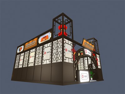 72平米展臺設(shè)計制作：一面開口/中式/木質(zhì)結(jié)構(gòu)/咖啡色，為綜合展展商而作（免費使用）