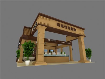 81平米展臺設計制作：三面開口/前衛(wèi)/木質(zhì)結(jié)構/米色，為房產(chǎn)展展商而作（免費使用）