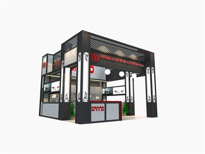 36平米展臺設(shè)計制作：三面開口/現(xiàn)代/型材結(jié)構(gòu)/黑色，為日用品展展商而作（免費(fèi)使用）