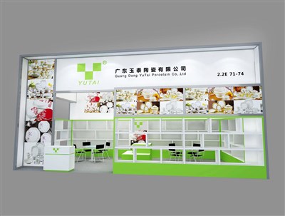 36平米展臺設(shè)計制作：二面開口/現(xiàn)代/木質(zhì)結(jié)構(gòu)/綠色，為日用品展展商而作（免費(fèi)使用）