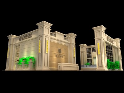 144平米展臺設(shè)計制作：三面開口/歐式/木質(zhì)結(jié)構(gòu)/咖啡色，為房產(chǎn)展展商而作（免費使用）