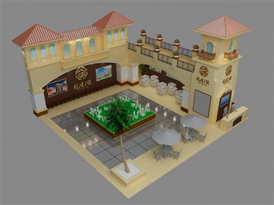 121平米展臺(tái)設(shè)計(jì)制作：二面開(kāi)口/歐式/木質(zhì)結(jié)構(gòu)/米色，為房產(chǎn)展展商而作（免費(fèi)使用）