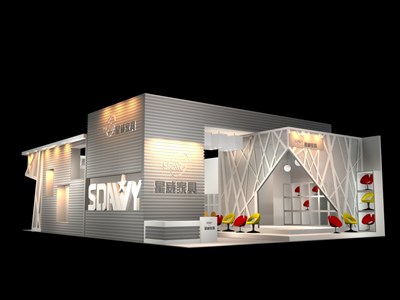77平米展臺設計制作：二面開口/現(xiàn)代/型材結構/灰色，為家具展展商而作（免費使用）