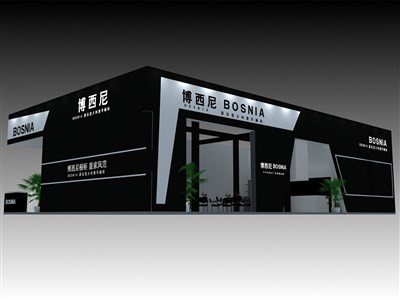 54平米展臺設(shè)計(jì)制作：三面開口/現(xiàn)代/型材結(jié)構(gòu)/黑色，為家具展展商而作（免費(fèi)使用）