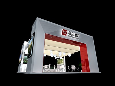 81平米展臺設(shè)計(jì)制作：四面開口/現(xiàn)代/木質(zhì)結(jié)構(gòu)/紅色，為房產(chǎn)展展商而作（免費(fèi)使用）