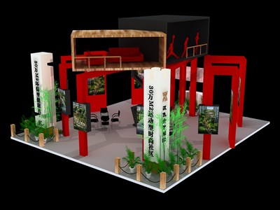 64平米展臺設(shè)計制作：四面開口/前衛(wèi)/木質(zhì)結(jié)構(gòu)/紅色，為房產(chǎn)展展商而作（免費使用）