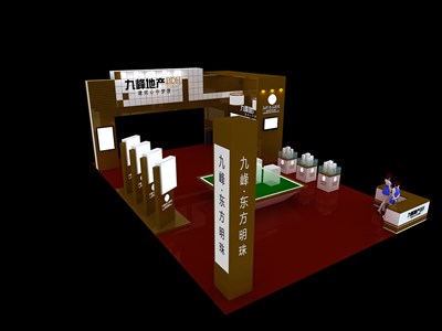 56平米展臺設(shè)計(jì)制作：四面開口/現(xiàn)代/木質(zhì)結(jié)構(gòu)/咖啡色，為房產(chǎn)展展商而作（免費(fèi)使用）