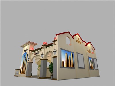 90平米展臺設(shè)計制作：三面開口/歐式/木質(zhì)結(jié)構(gòu)/米色，為房產(chǎn)展展商而作（免費使用）