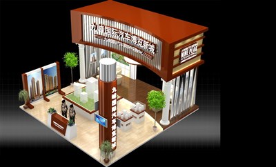 72平米展臺設(shè)計(jì)制作：四面開口/現(xiàn)代/型材結(jié)構(gòu)/咖啡色，為房產(chǎn)展展商而作（免費(fèi)使用）