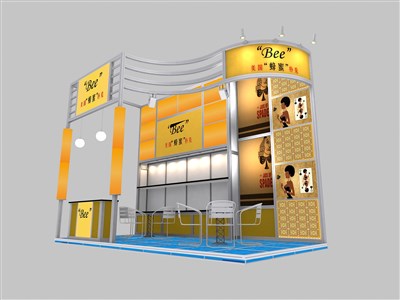 18平米展臺(tái)設(shè)計(jì)制作：三面開口/現(xiàn)代/型材結(jié)構(gòu)/黃色，為玩具展展商而作（免費(fèi)使用）