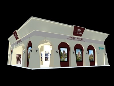 144平米展臺設(shè)計制作：四面開口/現(xiàn)代/木質(zhì)結(jié)構(gòu)/米色，為房產(chǎn)展展商而作（免費使用）