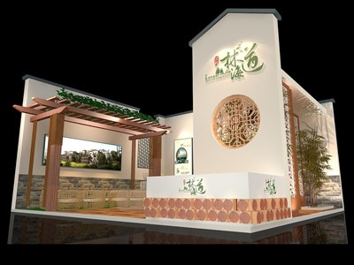 64平米展臺設(shè)計(jì)制作：二面開口/田園/木質(zhì)結(jié)構(gòu)/咖啡色，為房產(chǎn)展展商而作（免費(fèi)使用）