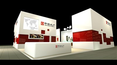 100平米展臺(tái)設(shè)計(jì)制作：二面開(kāi)口/現(xiàn)代/木質(zhì)結(jié)構(gòu)/紅色，為房產(chǎn)展展商而作（免費(fèi)使用）