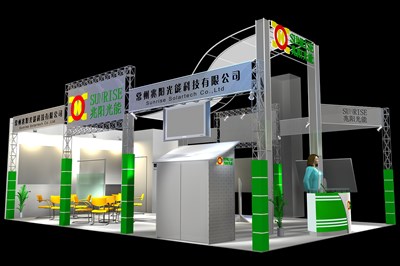 54平米展臺設(shè)計制作：三面開口/現(xiàn)代/型材結(jié)構(gòu)/綠色，為能源展展商而作（免費使用）