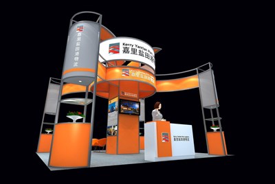 36平米展臺設計制作：四面開口/現(xiàn)代/型材結(jié)構(gòu)/橙色，為交通物流展展商而作（免費使用）