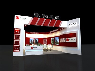42平米展臺(tái)設(shè)計(jì)制作：二面開(kāi)口/中式/木質(zhì)結(jié)構(gòu)/紅色，為房產(chǎn)展展商而作（免費(fèi)使用）