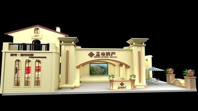 91平米展臺設(shè)計制作：二面開口/歐式/木質(zhì)結(jié)構(gòu)/米色，為房產(chǎn)展展商而作（免費使用）