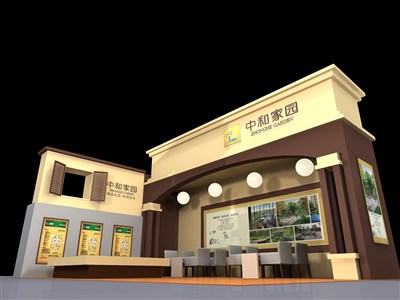 88平米展臺設(shè)計制作：二面開口/歐式/木質(zhì)結(jié)構(gòu)/咖啡色，為房產(chǎn)展展商而作（免費使用）