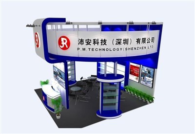 36平米展臺(tái)設(shè)計(jì)制作：三面開口/現(xiàn)代/型材結(jié)構(gòu)/藍(lán)色，為電子展展商而作（免費(fèi)使用）