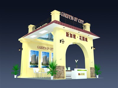 48平米展臺(tái)設(shè)計(jì)制作：三面開口/田園/木質(zhì)結(jié)構(gòu)/黃色，為房產(chǎn)展展商而作（免費(fèi)使用）