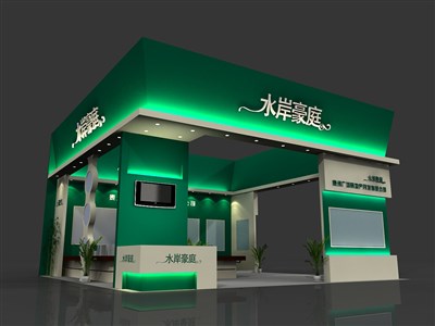 90平米展臺設計制作：三面開口/前衛(wèi)/型材結(jié)構(gòu)/綠色，為房產(chǎn)展展商而作（免費使用）