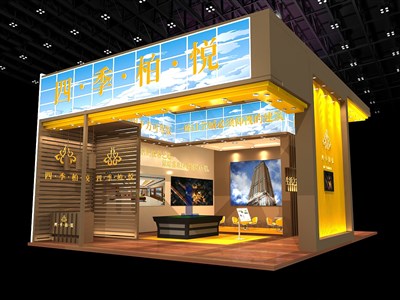 108平米展臺(tái)設(shè)計(jì)制作：三面開口/現(xiàn)代/木質(zhì)結(jié)構(gòu)/咖啡色，為房產(chǎn)展展商而作（免費(fèi)使用）