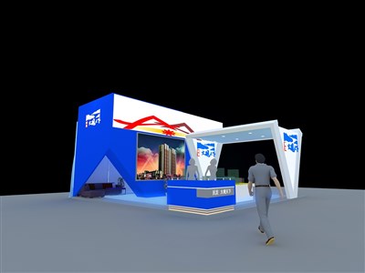 56平米展臺設計制作：三面開口/前衛(wèi)/型材結構/藍色，為房產展展商而作（免費使用）