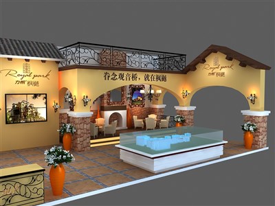 88平米展臺(tái)設(shè)計(jì)制作：三面開口/田園/木質(zhì)結(jié)構(gòu)/黃色，為房產(chǎn)展展商而作（免費(fèi)使用）