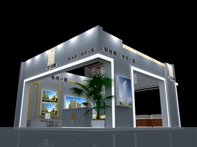 64平米展臺設計制作：三面開口/前衛(wèi)/木質(zhì)結(jié)構(gòu)/灰色，為房產(chǎn)展展商而作（免費使用）