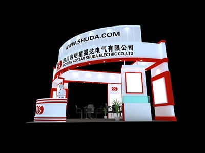 36平米展臺(tái)設(shè)計(jì)制作：三面開口/現(xiàn)代/木質(zhì)結(jié)構(gòu)/紅色，為電子展展商而作（免費(fèi)使用）