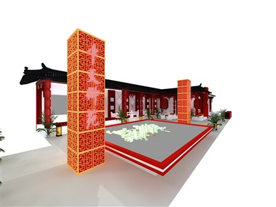 189平米展臺(tái)設(shè)計(jì)制作：四面開口/中式/木質(zhì)結(jié)構(gòu)/紅色，為房產(chǎn)展展商而作（免費(fèi)使用）