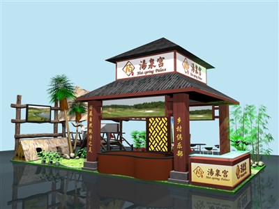 72平米展臺(tái)設(shè)計(jì)制作：四面開口/田園/木質(zhì)結(jié)構(gòu)/咖啡色，為旅游展展商而作（免費(fèi)使用）